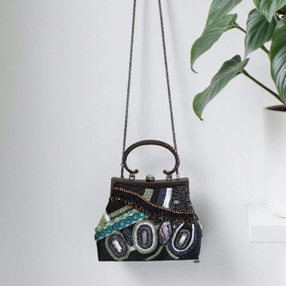 Beaded Shell Mosaic‎ Evening Bag Green Black Gunmetal Frame Clutch Crossbody